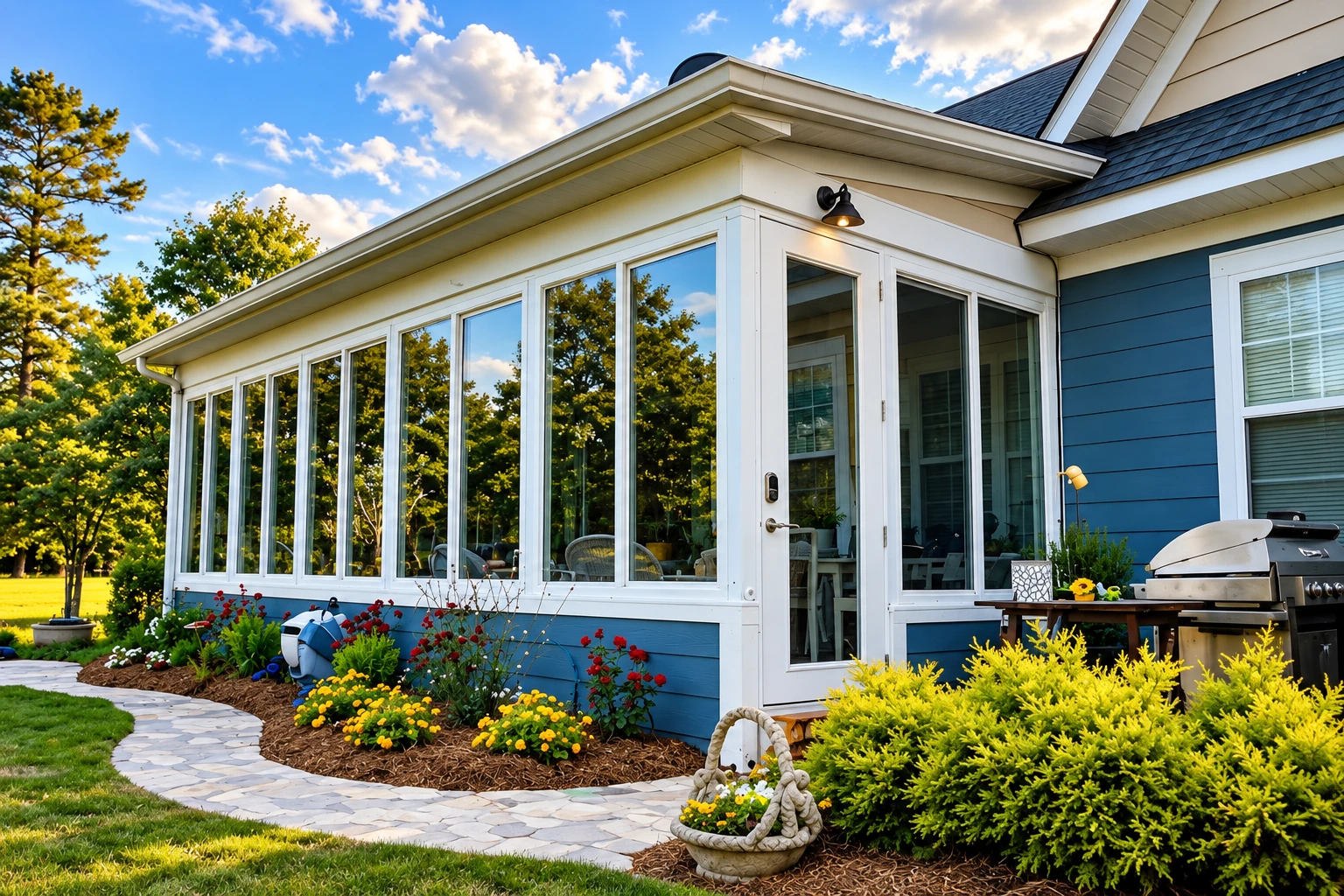 White-framed four-season sunroom with blue siding, a long row of windows, and flower beds beside a curved stone path.