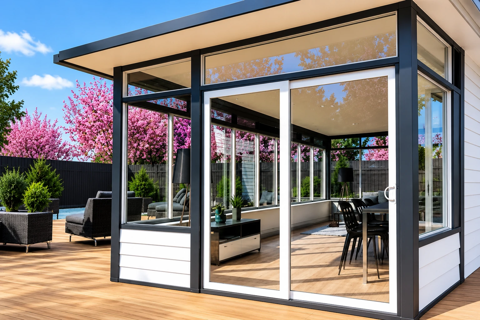 A modern all-season sunroom with black framing and large glass doors opens onto a wood deck.