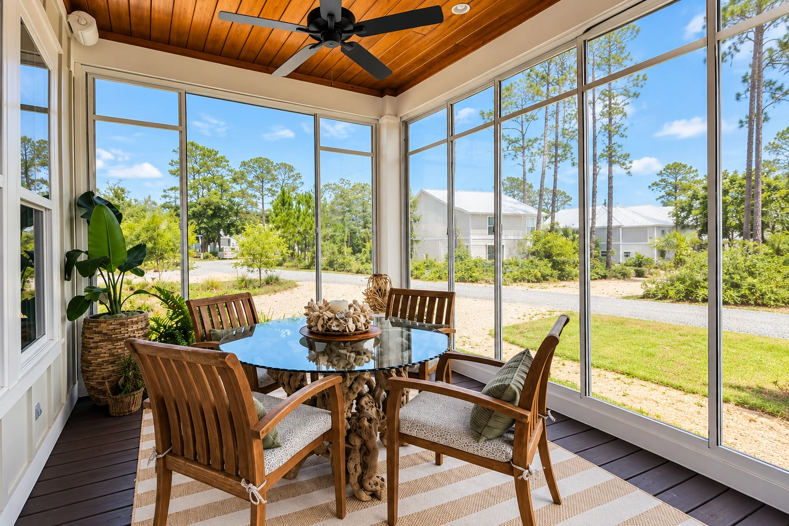 Custom sunroom interior with a wood-paneled ceiling, glass walls, and a round dining table surrounded by chairs.