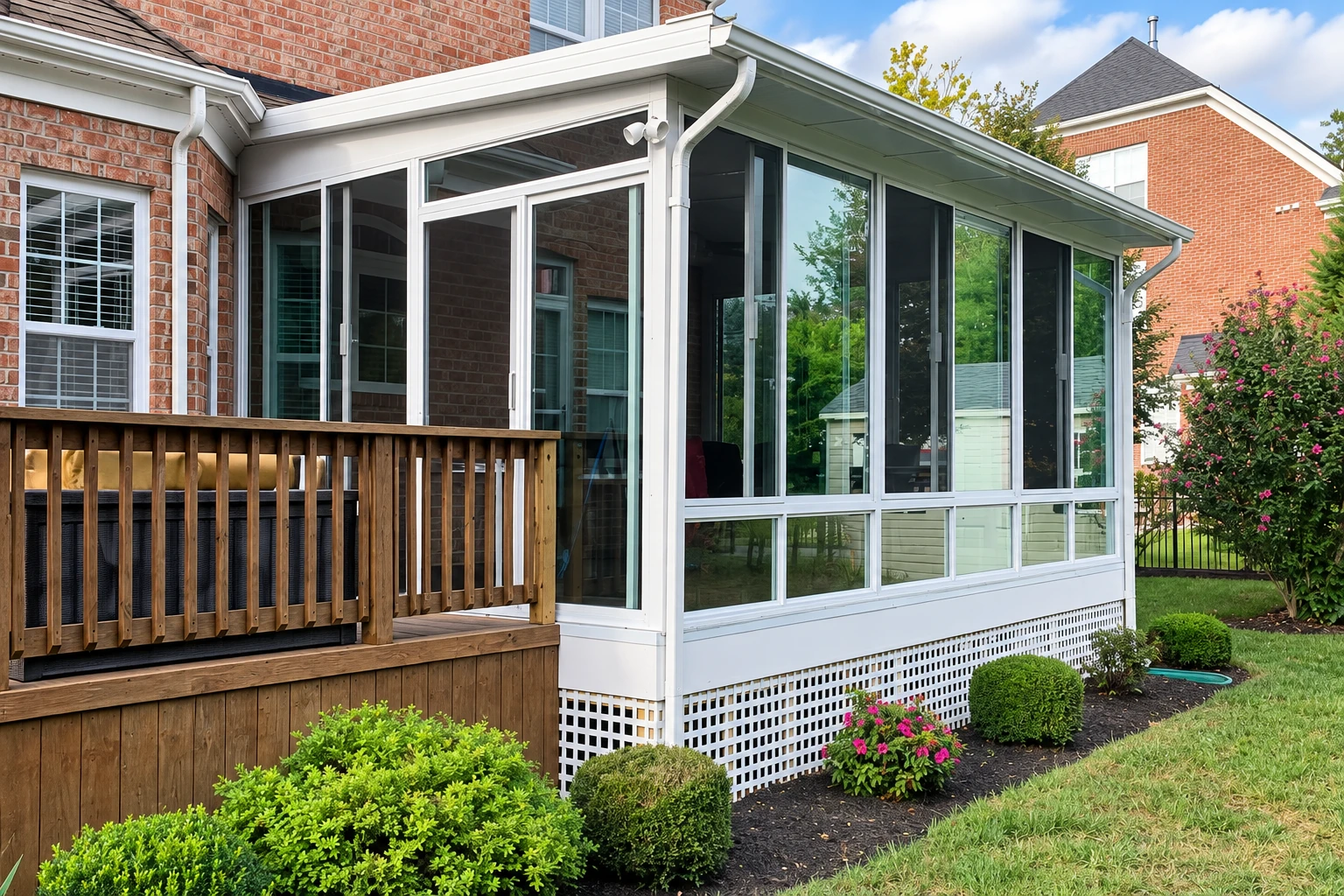 A white-framed sunroom encloses part of a wooden deck beside a brick house, with large windows and garden beds around it.