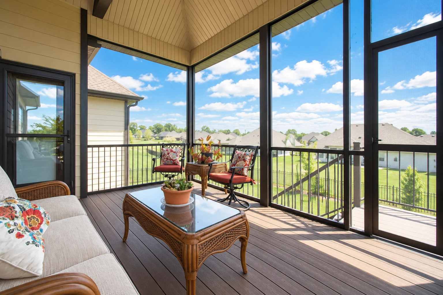 A screened-in deck conversion with wicker seating and a glass coffee table overlooks a sunny backyard.