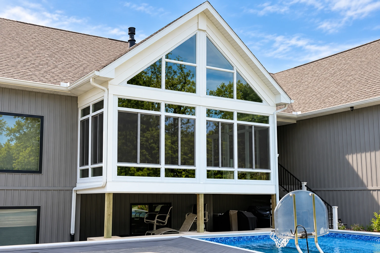 Four-season sunroom with a tall peaked roof and large white-framed windows overlooks a backyard pool.