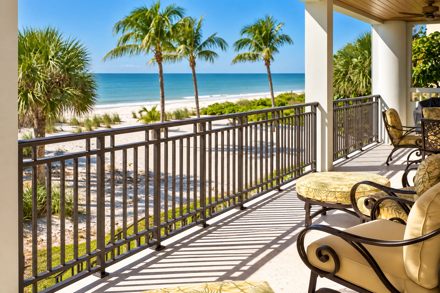 Covered beachside patio with dark metal railing and cushioned lounge chairs overlooking palms, sand, and ocean.