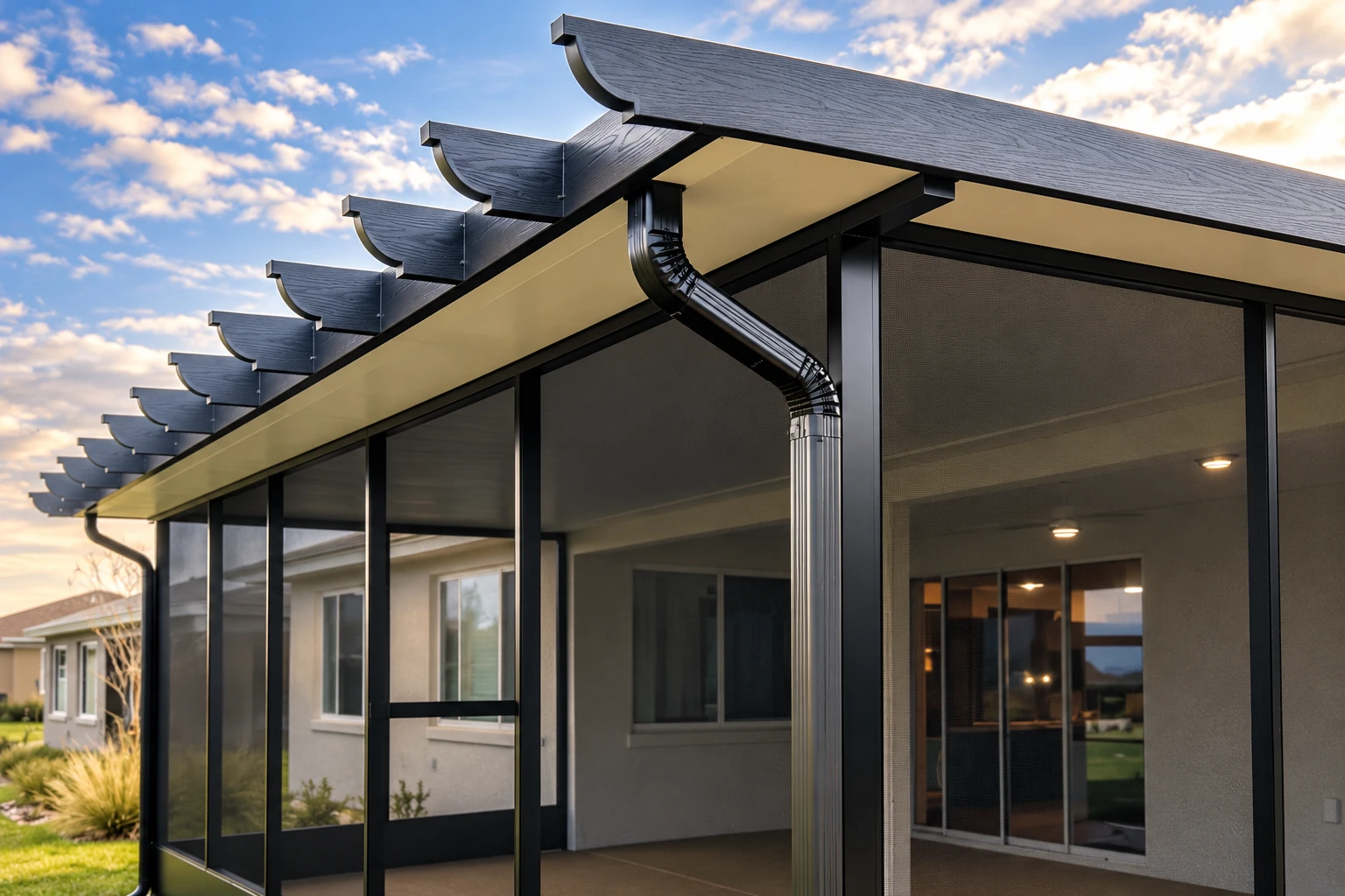 Screened patio enclosure with black framing and a dark roof sits beside a house at sunset.