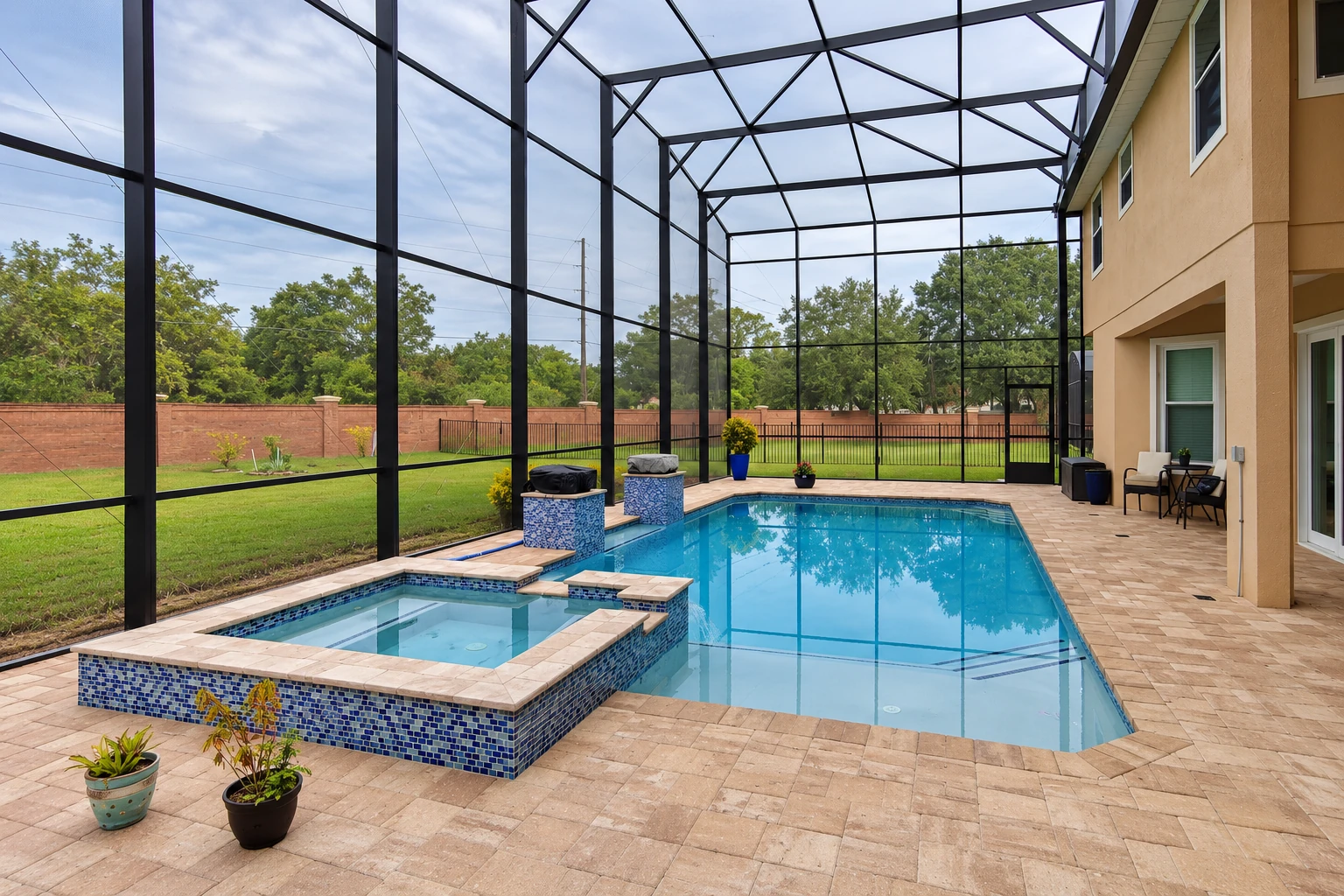 A screened patio enclosure surrounds a backyard pool and spa, with black framing and a paved deck.