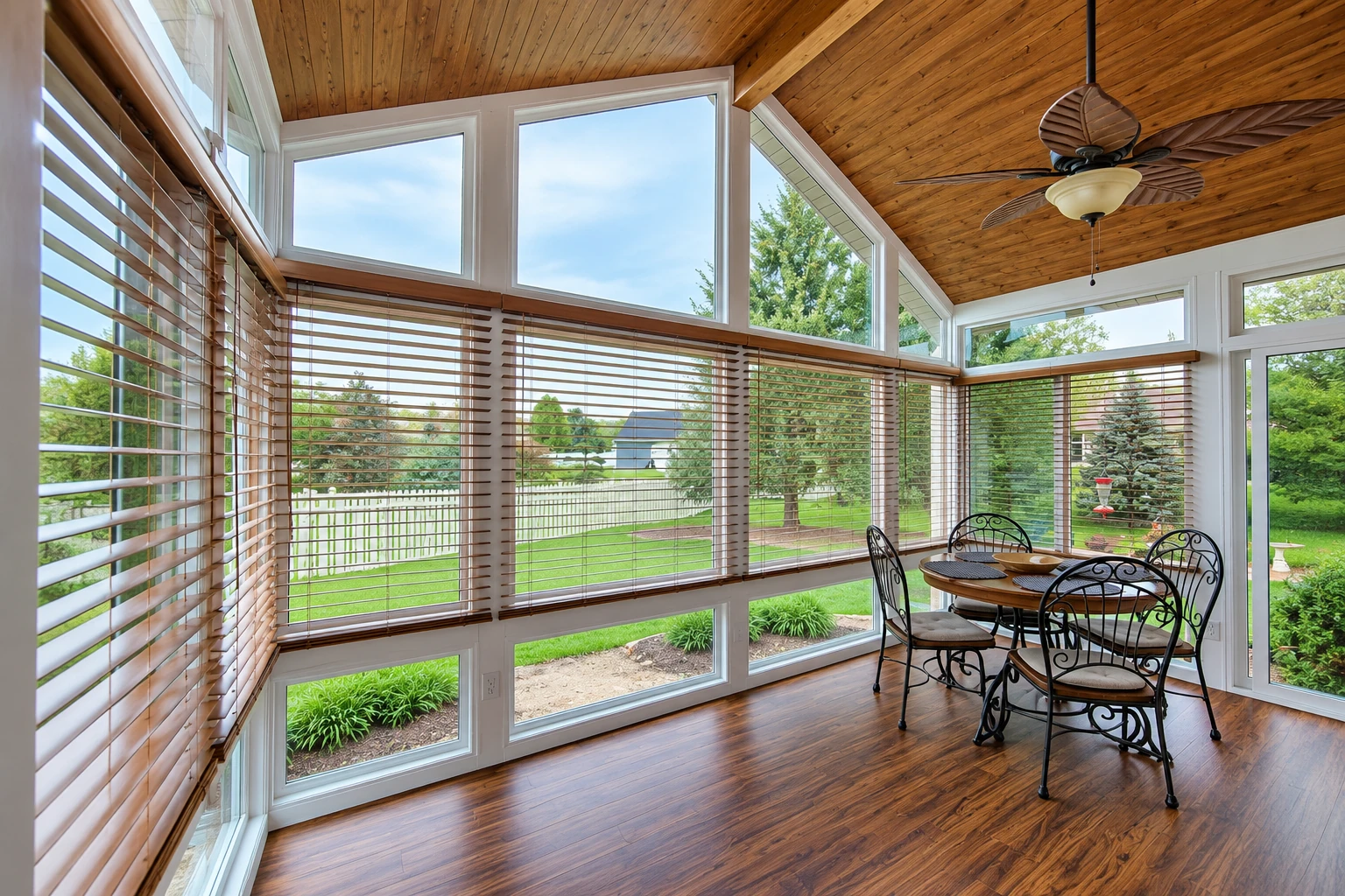A bright sunroom interior with a vaulted wood ceiling, broad windows with blinds, and a small dining set overlooking a green yard.