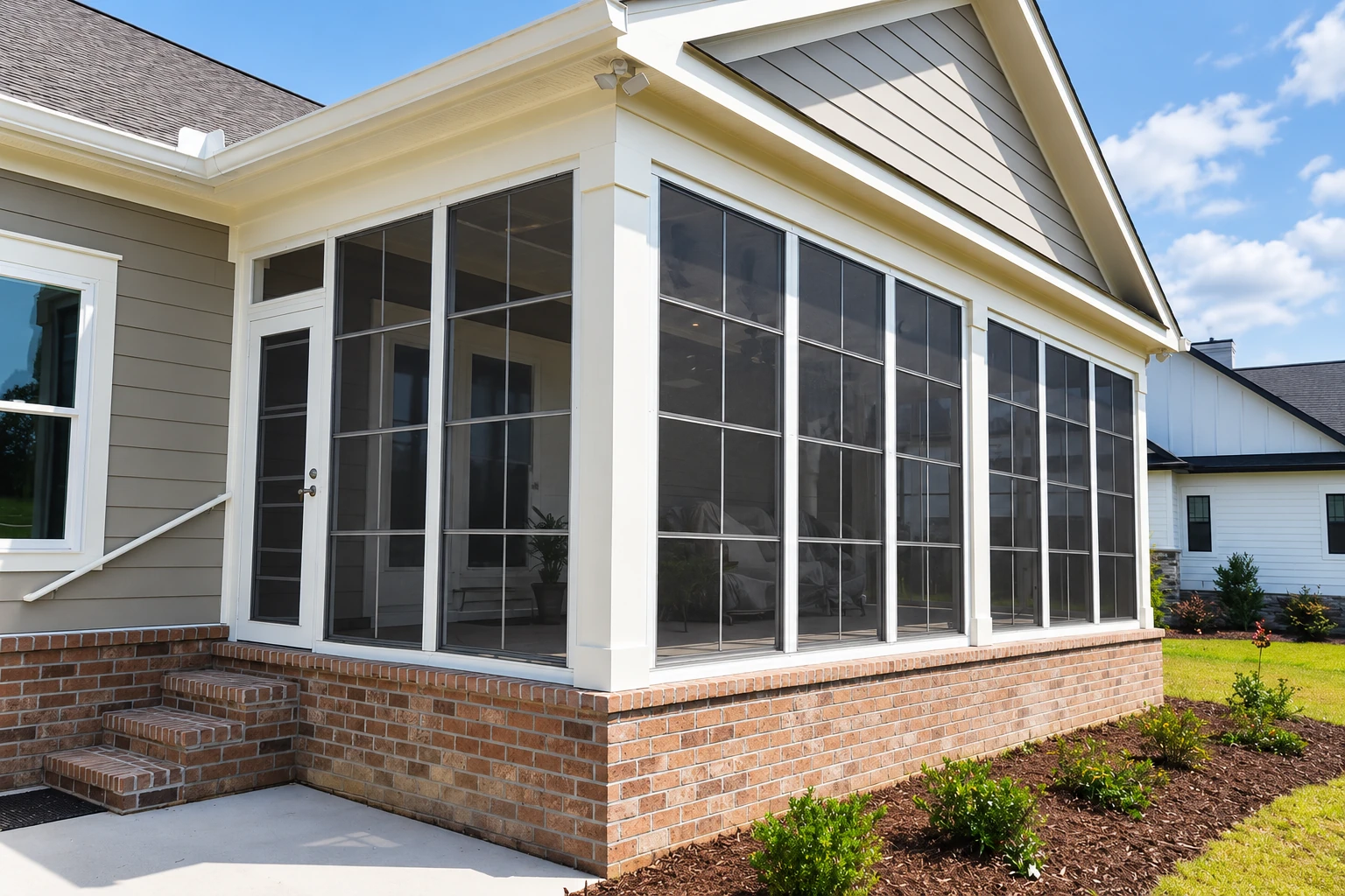 Enclosed patio with dark screened panels, white framing, a brick base, and steps leading to the door.