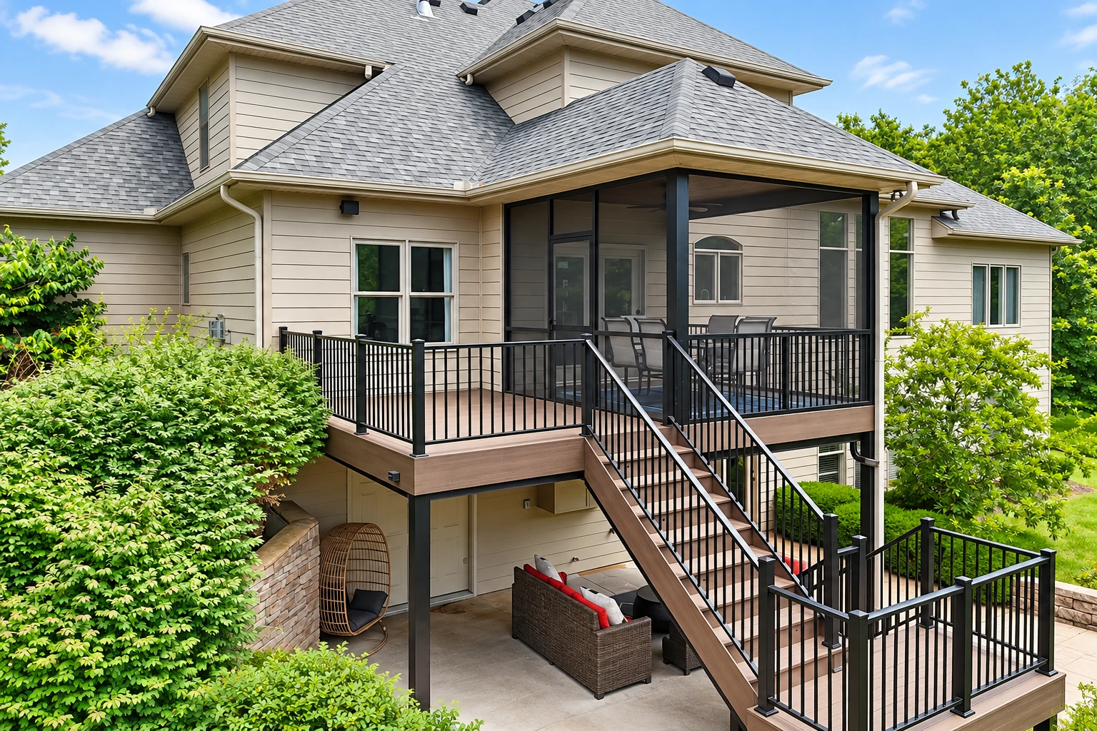 A screened-in porch with dark framing and railings sits above a lower patio on a beige-sided house, with stairs leading down.