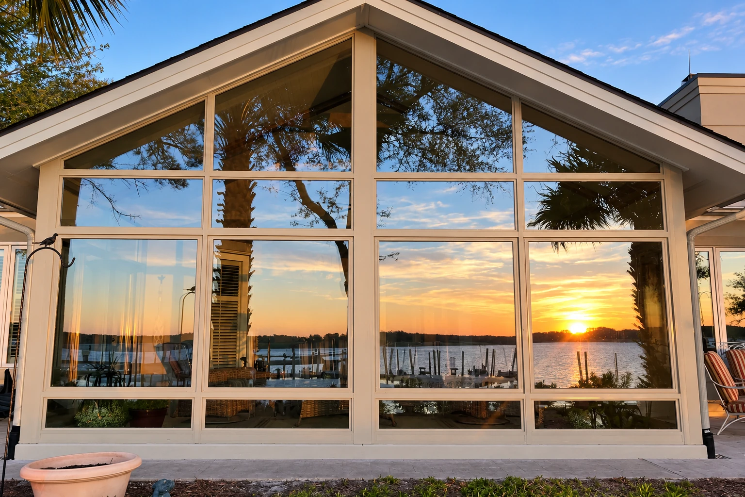 Gabled solarium with large white-framed windows reflecting a sunset over the water.