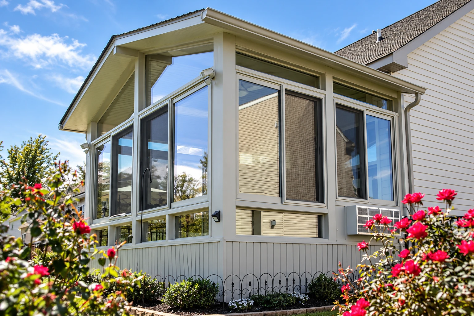 Sunroom addition with tall white-framed windows wraps around a house, with red flowers and a low garden fence in front.