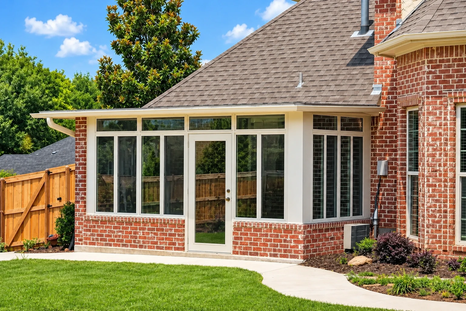 A white-framed sunroom addition with large windows and a central door extends from a red brick house beside a lawn and wooden fence.