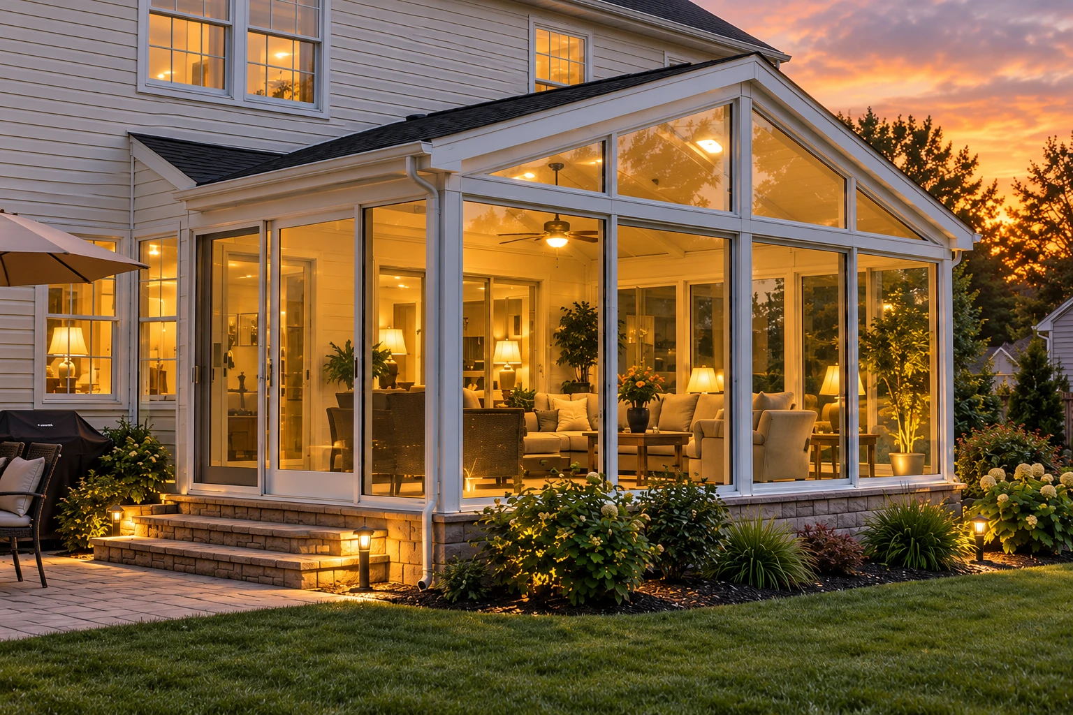Illuminated glass sunroom with a peaked roof, furnished interior, and landscaped garden at dusk.