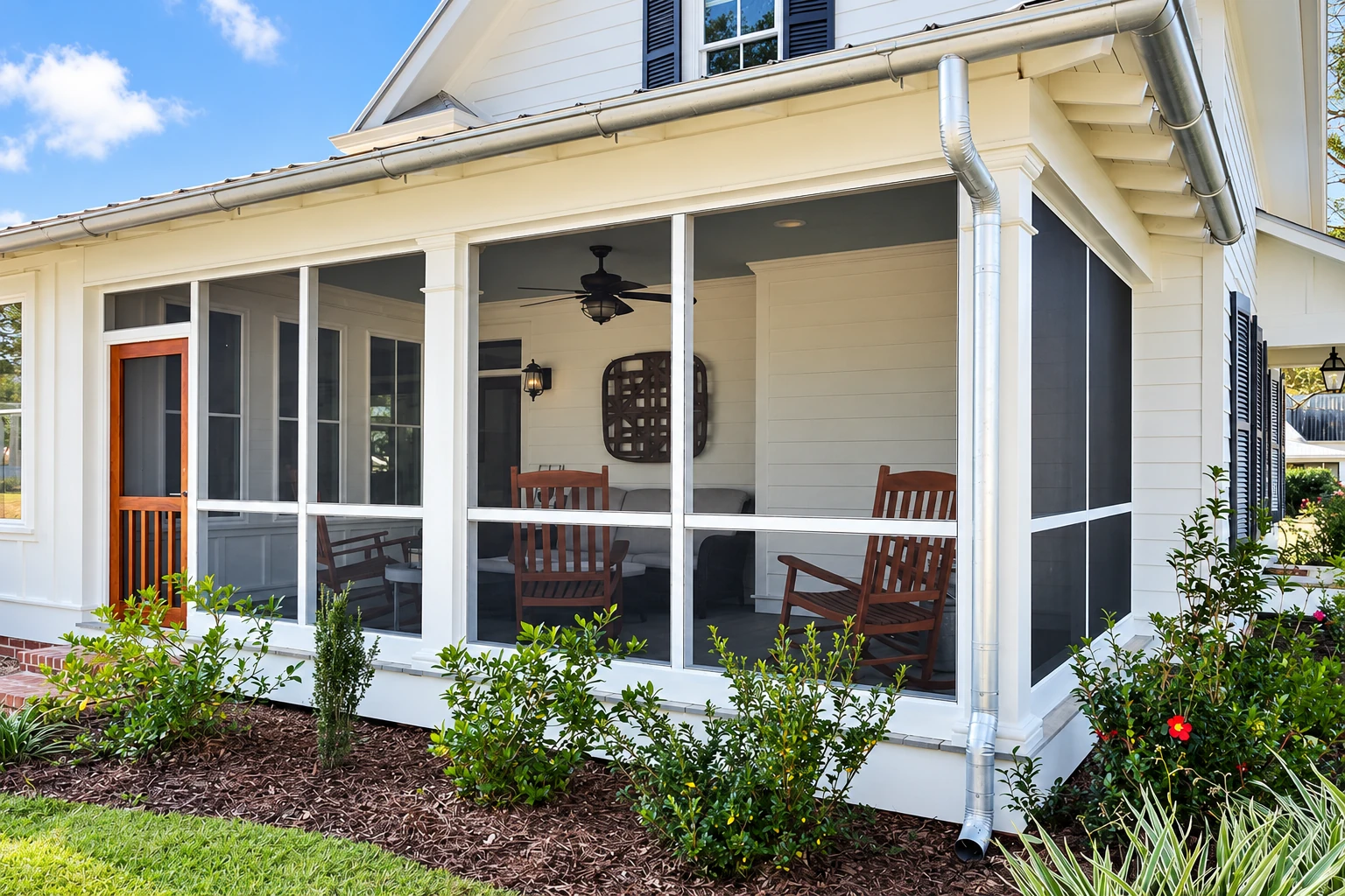 Screened patio enclosure attached to a white house, with dark mesh panels, wooden chairs, and garden beds.