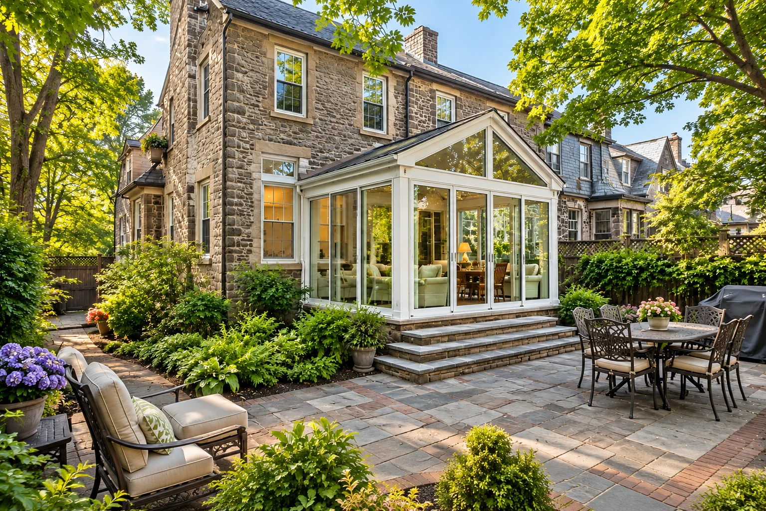 A glass sunroom with a peaked roof extends from a stone house, opening onto a landscaped patio with outdoor seating.