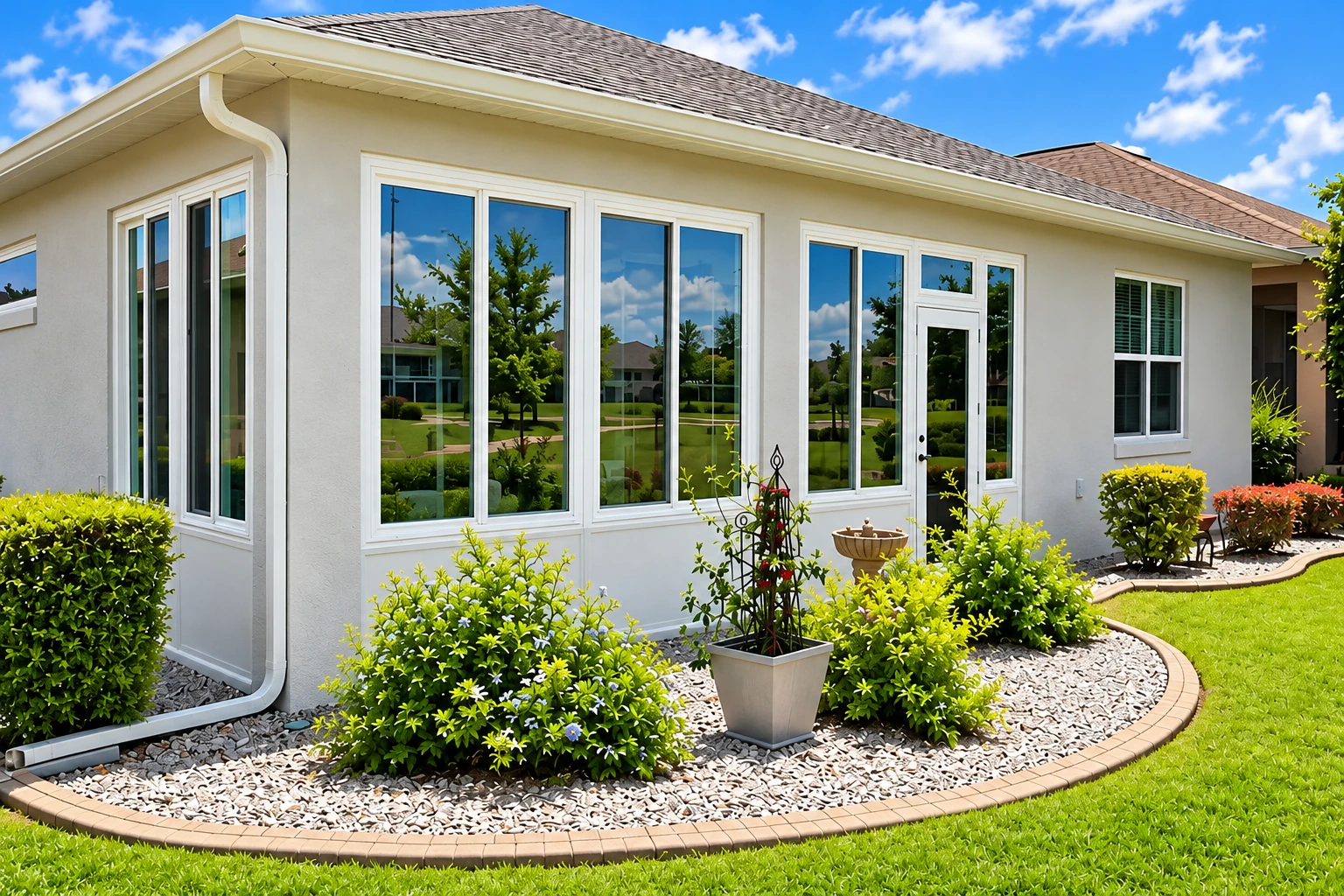 White exterior with large windows and a glass door opening onto a landscaped garden.